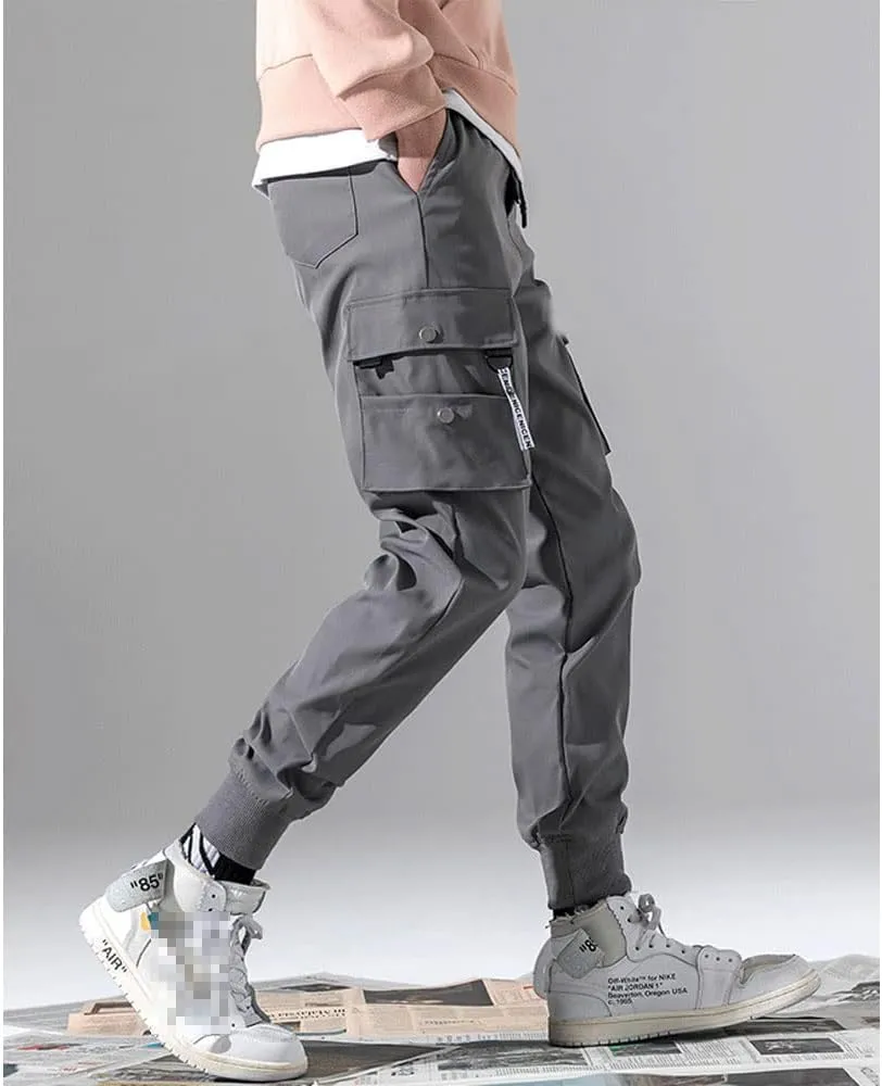 Mens Fashion Streetwear Black Cargo Jogger Pants Active Elastic Waist Hip Hop Punk Sport Jogger Pants with Multi Pockets