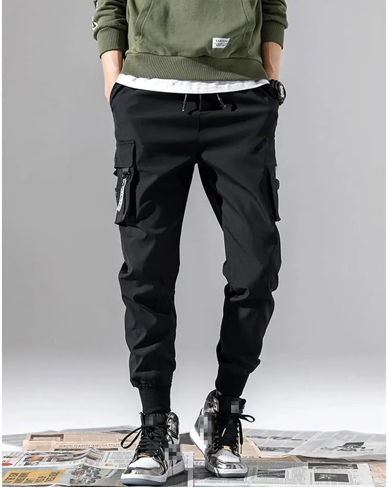 Mens Fashion Streetwear Black Cargo Jogger Pants Active Elastic Waist Hip Hop Punk Sport Jogger Pants with Multi Pockets