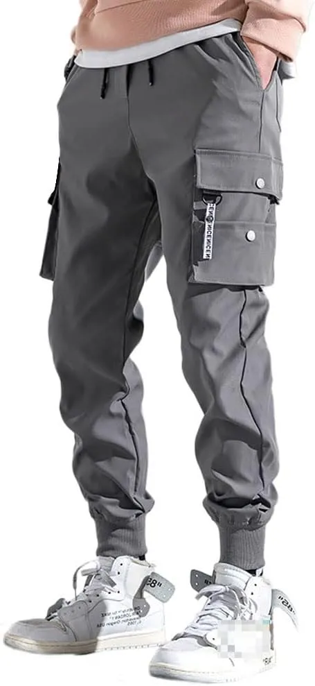 Mens Fashion Streetwear Black Cargo Jogger Pants Active Elastic Waist Hip Hop Punk Sport Jogger Pants with Multi Pockets
