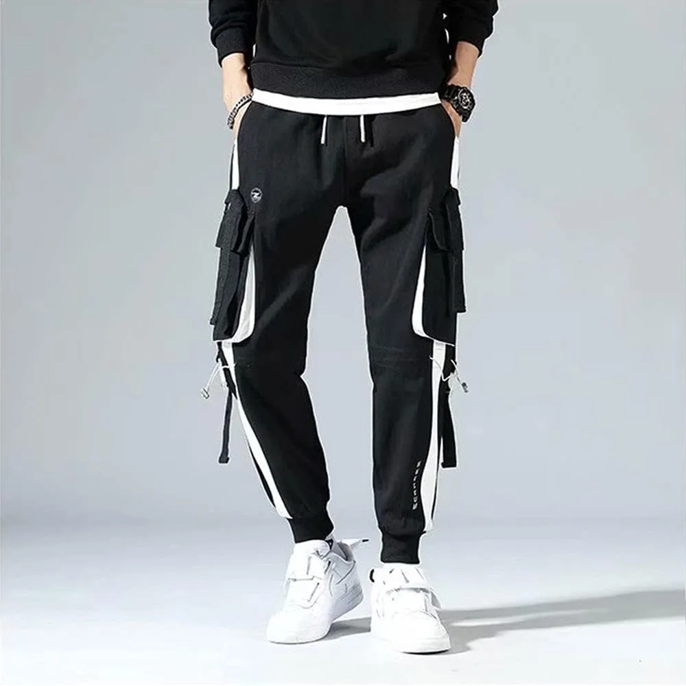 Mens Fashion Streetwear Black Cargo Jogger Pants Active Elastic Waist Hip Hop Punk Sport Jogger Pants with Multi Pockets