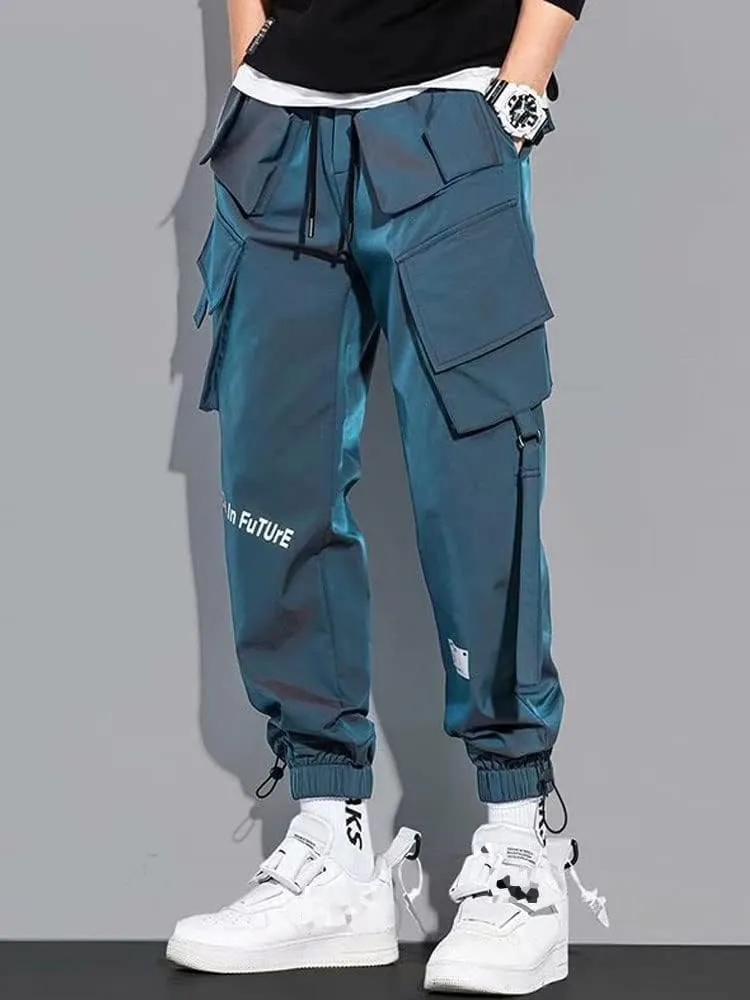 Mens Fashion Streetwear Black Cargo Jogger Pants Active Elastic Waist Hip Hop Punk Sport Jogger Pants with Multi Pockets