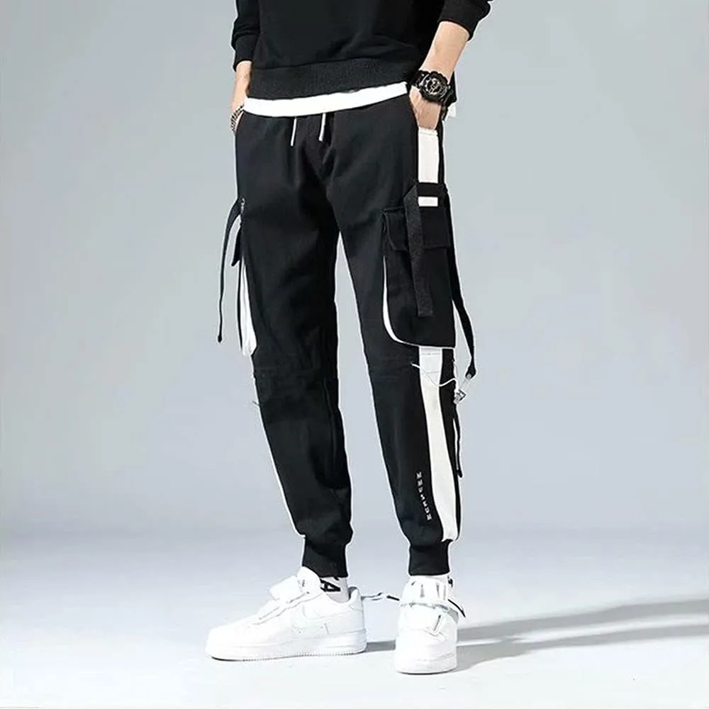 Mens Fashion Streetwear Black Cargo Jogger Pants Active Elastic Waist Hip Hop Punk Sport Jogger Pants with Multi Pockets