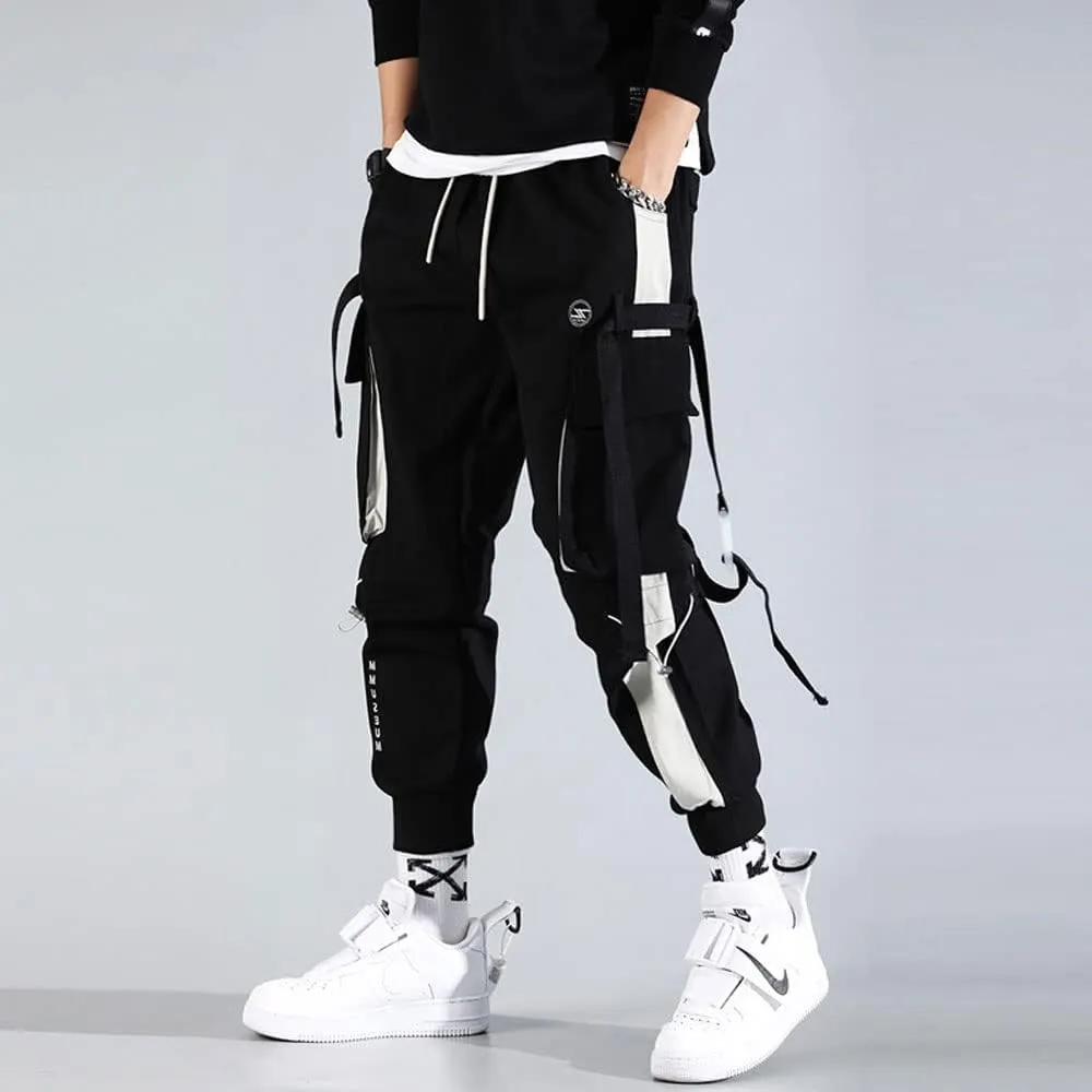 Mens Fashion Streetwear Black Cargo Jogger Pants Active Elastic Waist Hip Hop Punk Sport Jogger Pants with Multi Pockets