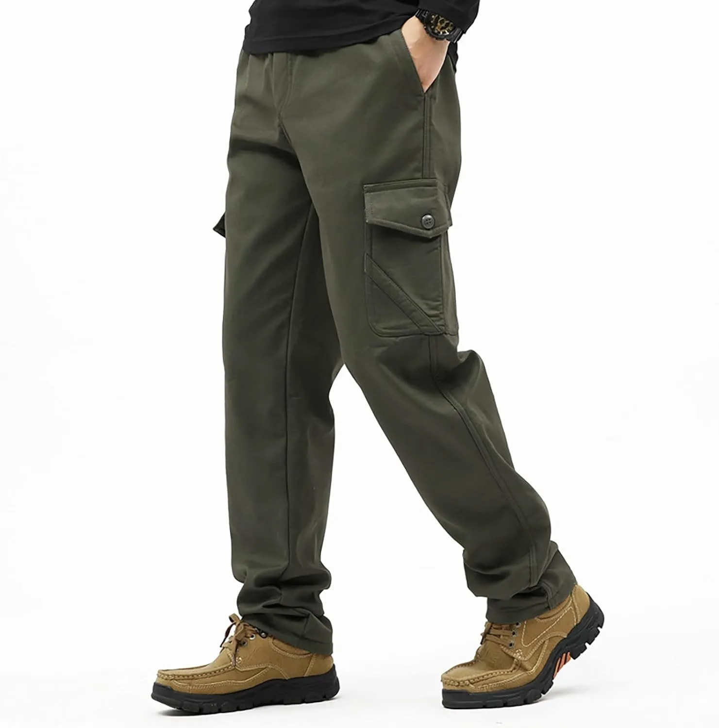 Mens Fleece Lined Cargo Pants Winter Warn Cargo-Pants Tactical Combat Hiking Workout Trousers Multi Pocket Sweatpants