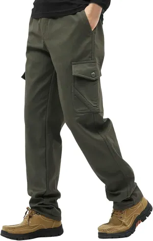 Mens Fleece Lined Cargo Pants Winter Warn Cargo-Pants Tactical Combat Hiking Workout Trousers Multi Pocket Sweatpants
