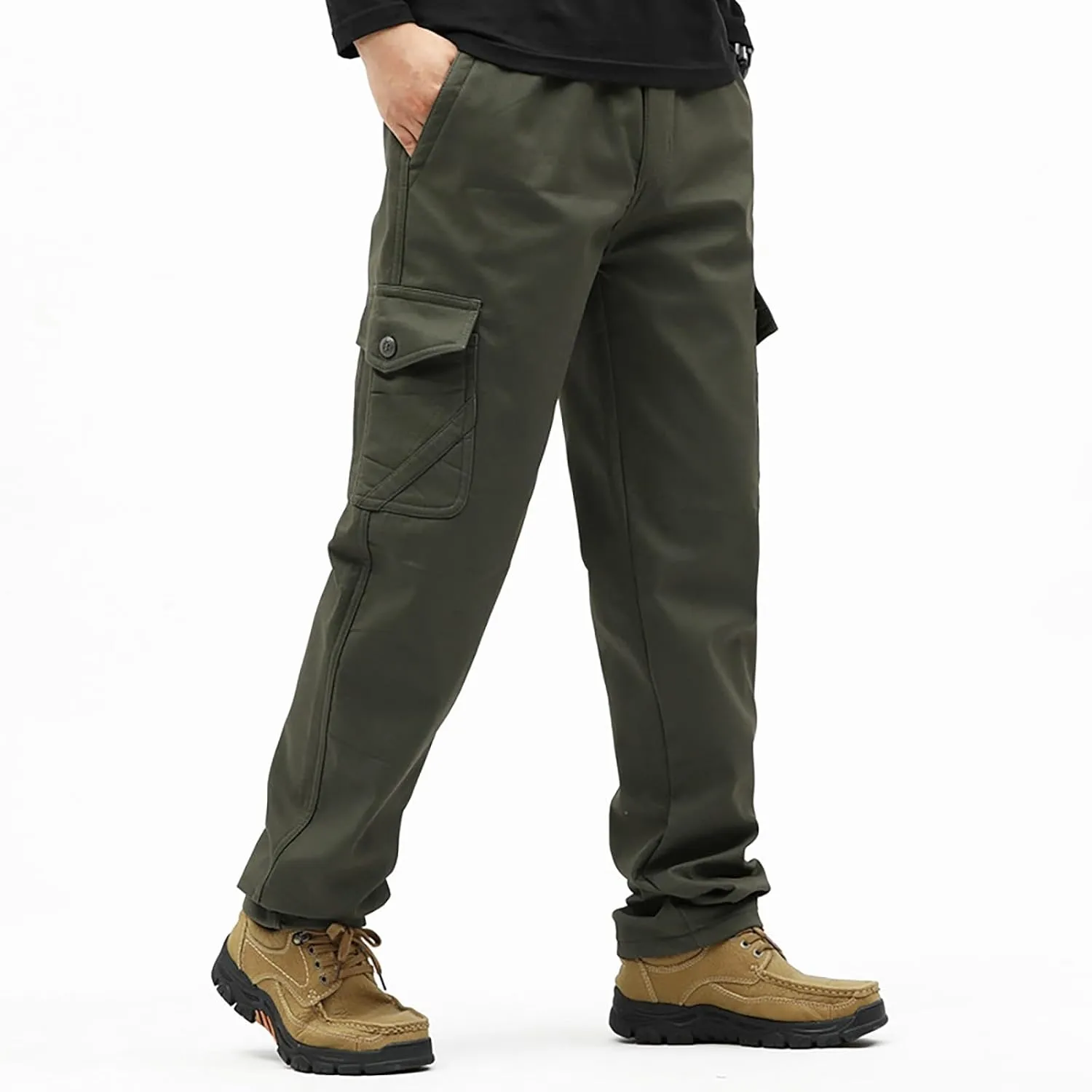 Mens Fleece Lined Cargo Pants Winter Warn Cargo-Pants Tactical Combat Hiking Workout Trousers Multi Pocket Sweatpants