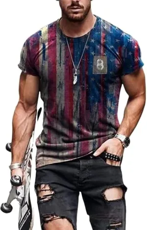 Mens Graphic Tees Casual Tshirt 3D American Vintage Flag Pattern Vintage T Shirts Shirt