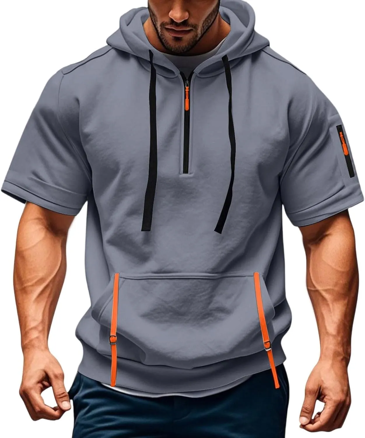 Mens Gym T Shirts Short Sleeve Henley Collar Shirt Casual Tactical Military Sweatshirt Multipockets Cargo Sports T Shirt Summer Zipper Hooded Jacket Grey