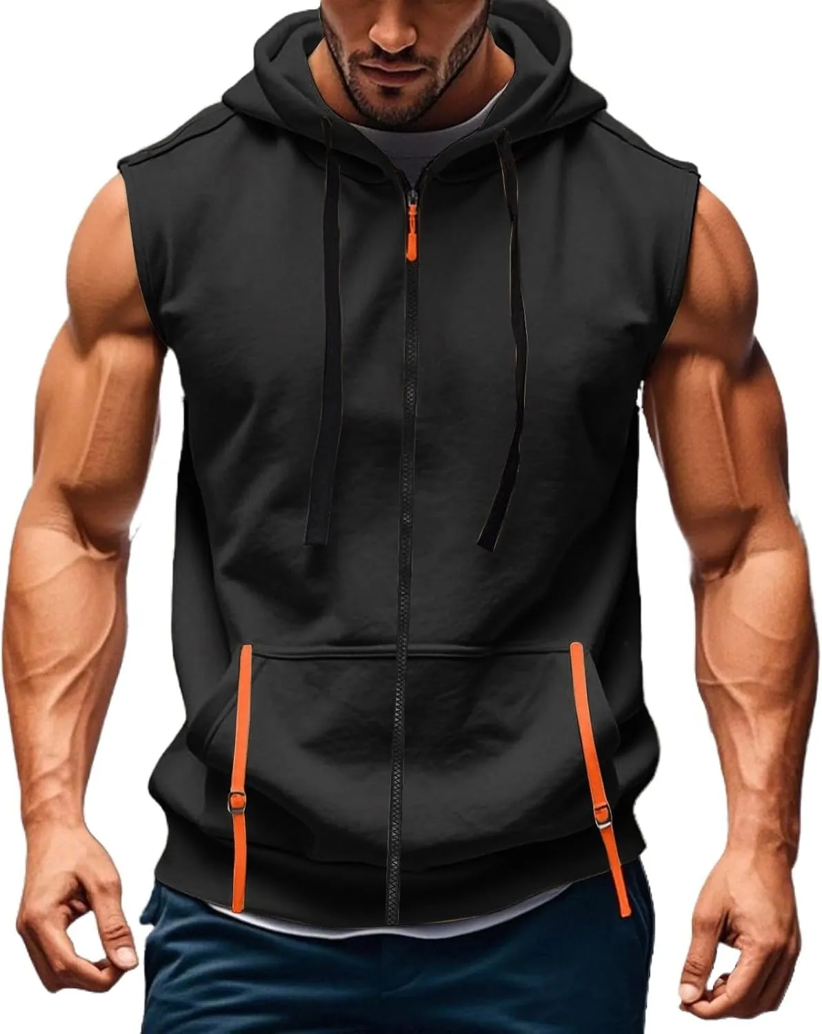 Mens Gym Top Streetwear Full Zip Hoodies Fashion Casual Muscle Fit Hooded Jacket for Basketball Workout Outdoor Cargo Vest Sweatshirt with Kangaroos Pockets