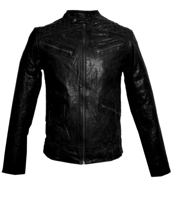Men's Leather Washed Vintage Biker Studded Jacket