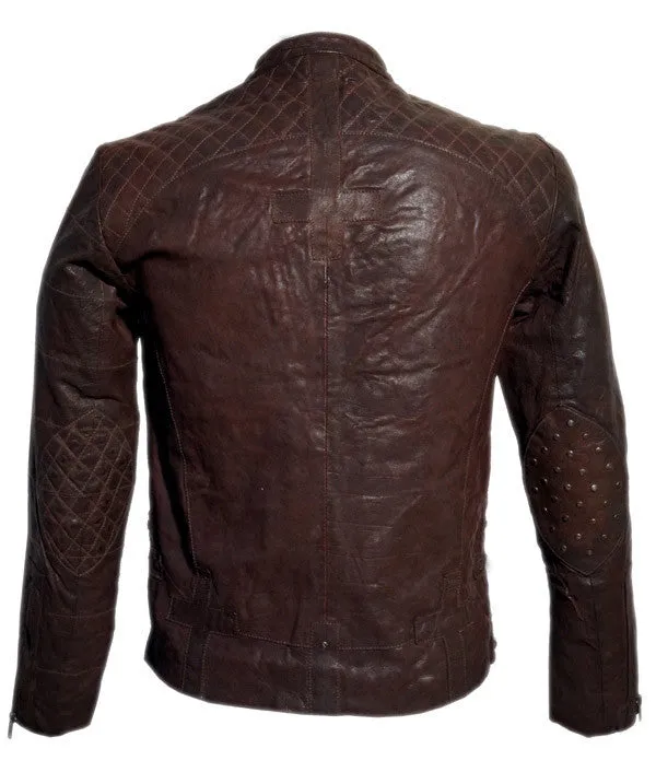 Men's Leather Washed Vintage Biker Studded Jacket