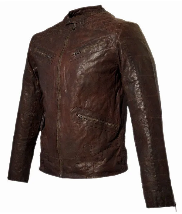 Men's Leather Washed Vintage Biker Studded Jacket