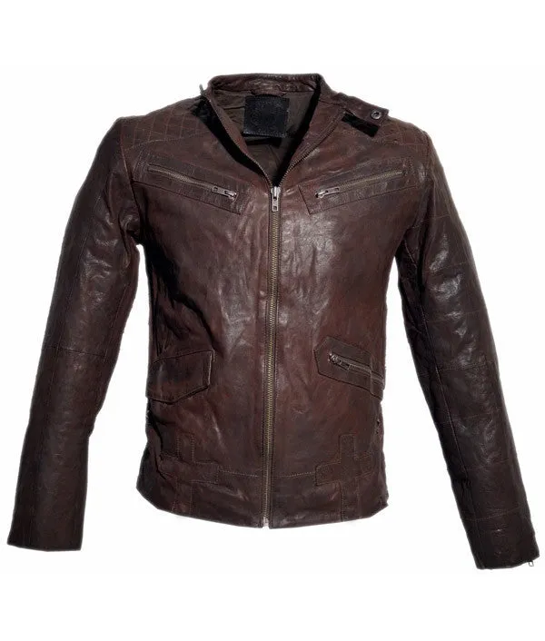 Men's Leather Washed Vintage Biker Studded Jacket
