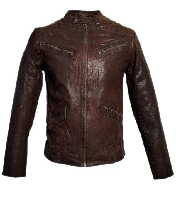 Men's Leather Washed Vintage Biker Studded Jacket