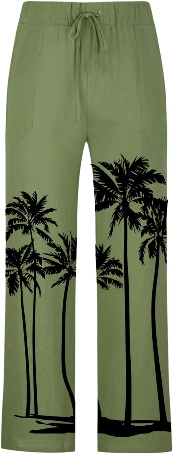 Mens Linen Pants Casual Coconut Tree Print Summer Beach Pants Elastic Waist Drawstring Baggy Trousers with Pockets