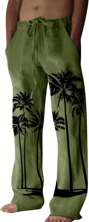 Mens Linen Pants Casual Coconut Tree Print Summer Beach Pants Elastic Waist Drawstring Baggy Trousers with Pockets