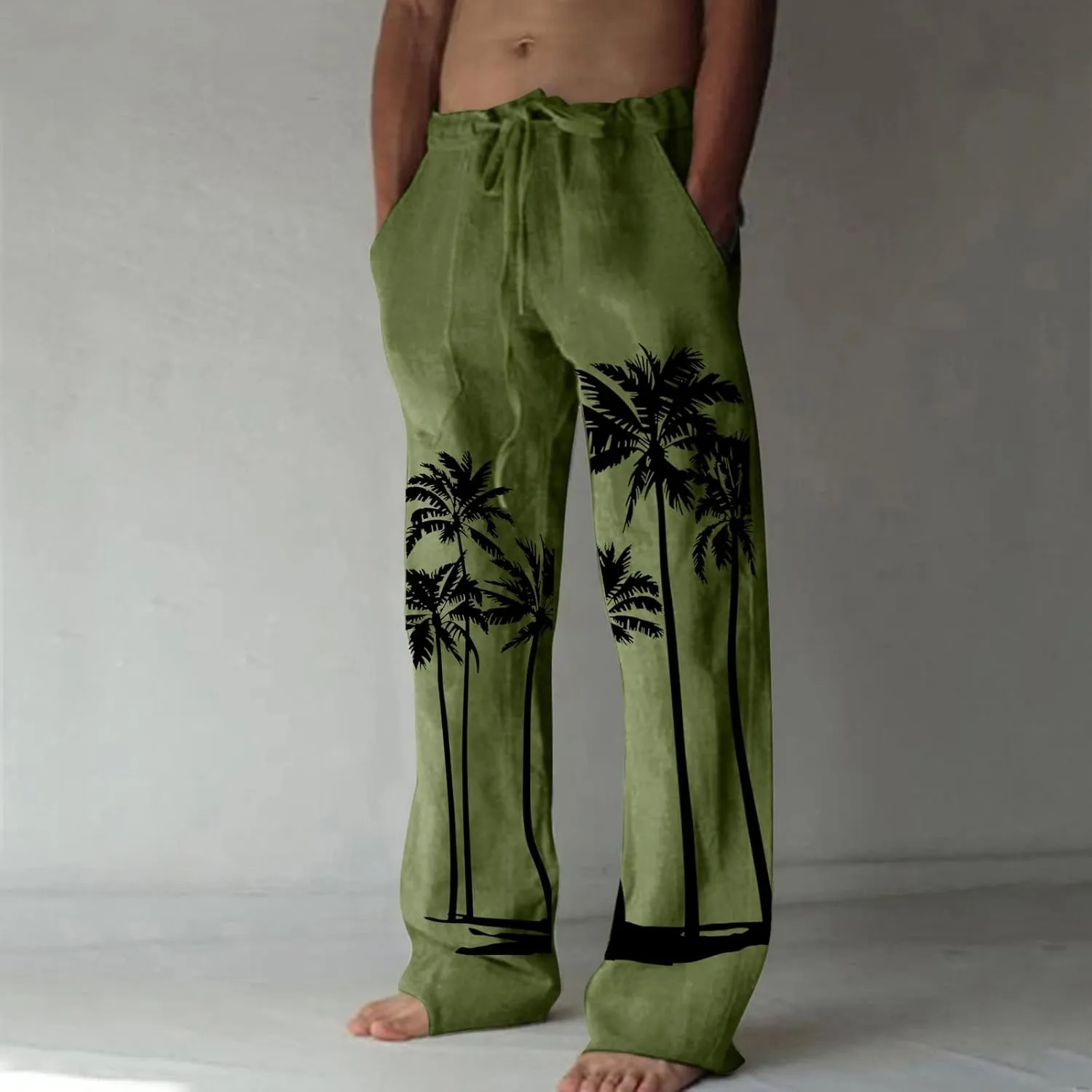 Mens Linen Pants Casual Coconut Tree Print Summer Beach Pants Elastic Waist Drawstring Baggy Trousers with Pockets