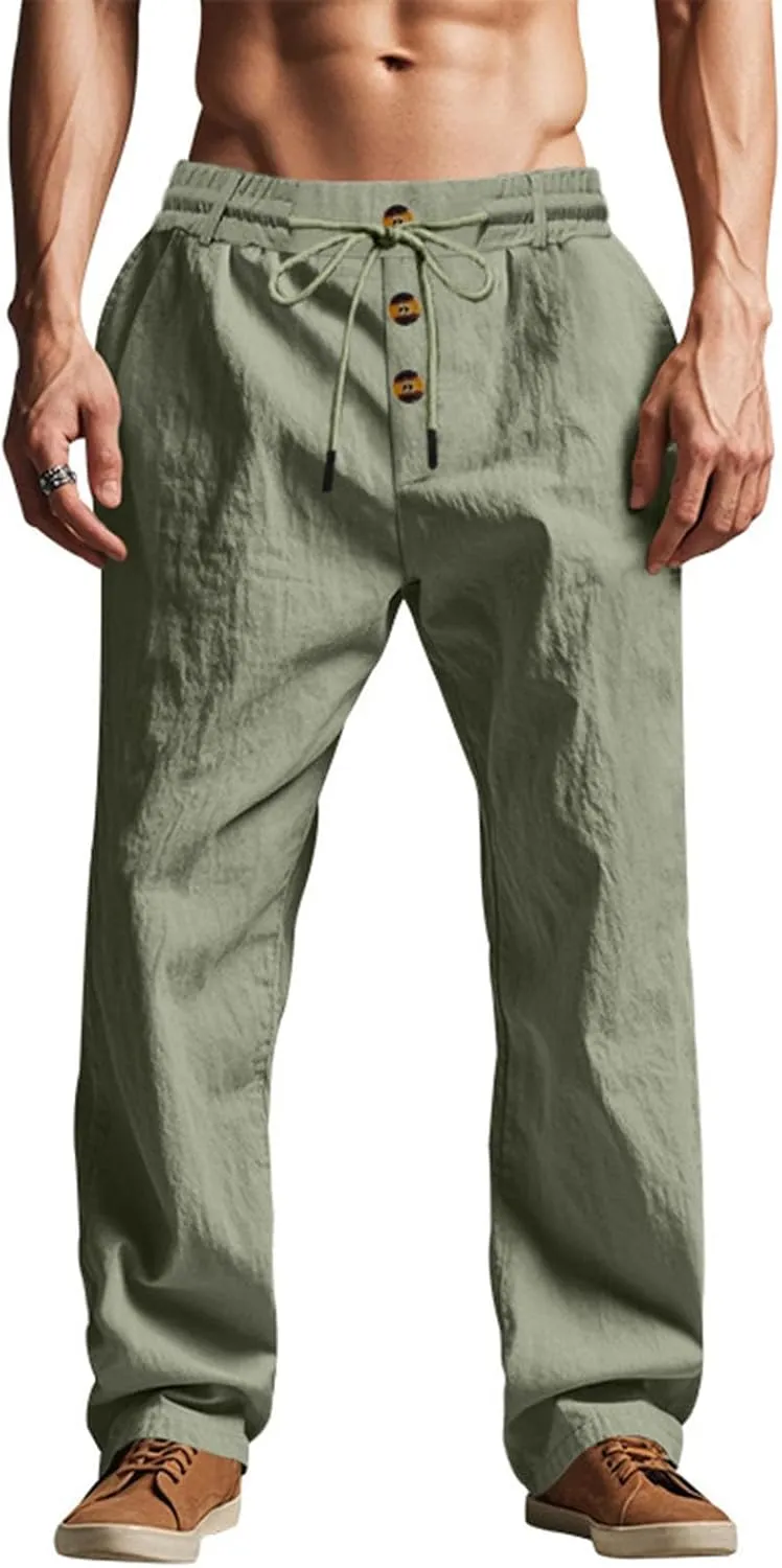 Mens Linen Pants Elastic Drawstring Waist Straight Legs Trouser with Pockets Casual Summer Loose Fit Yoga Beach Pant