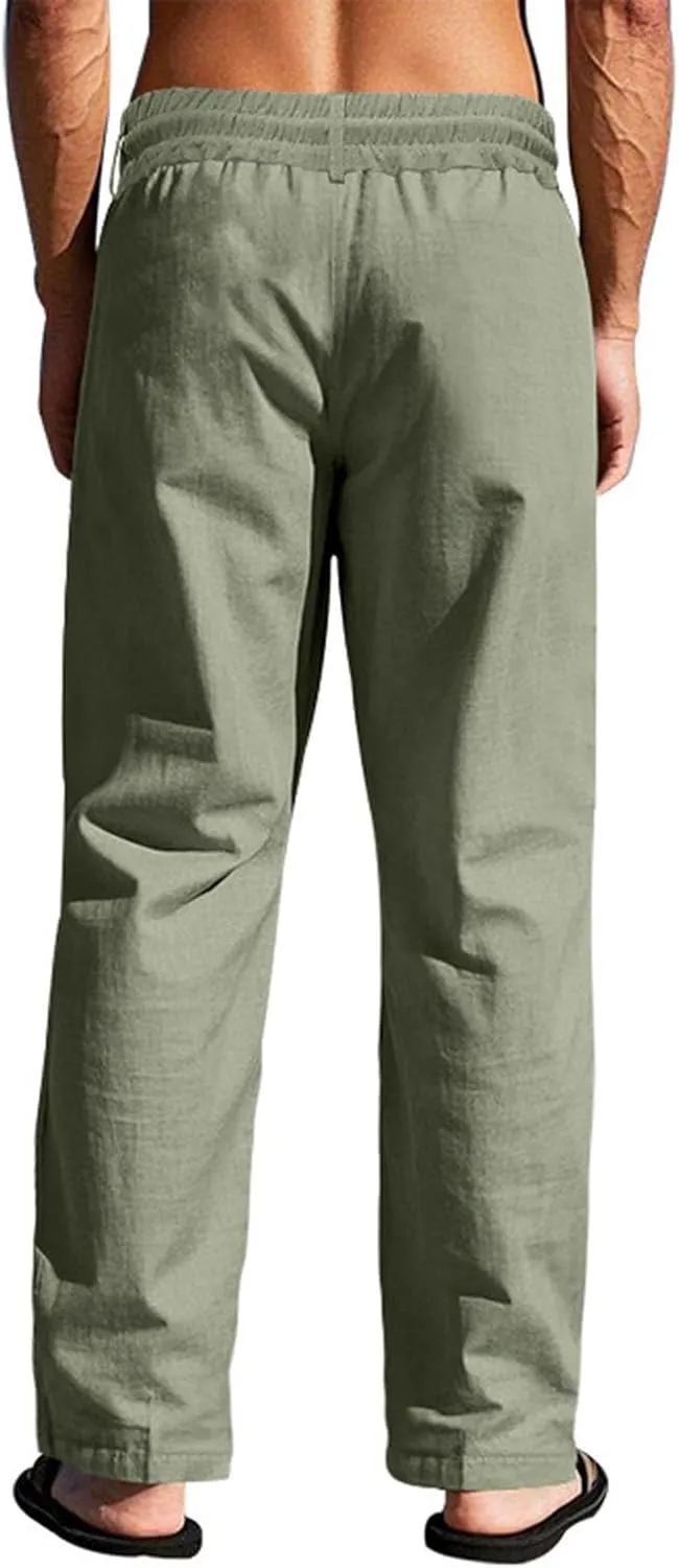Mens Linen Pants Elastic Drawstring Waist Straight Legs Trouser with Pockets Casual Summer Loose Fit Yoga Beach Pant