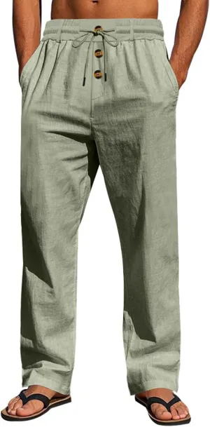 Mens Linen Pants Elastic Drawstring Waist Straight Legs Trouser with Pockets Casual Summer Loose Fit Yoga Beach Pant