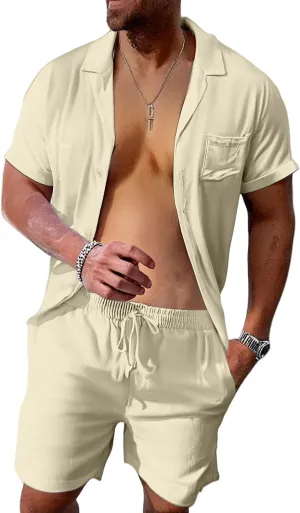 Mens Linen Sets 2 Piece Outfits Short Sleeve Cardigan Elastic Drawstring Shorts Lightweight Casual Baggy Beach Suits