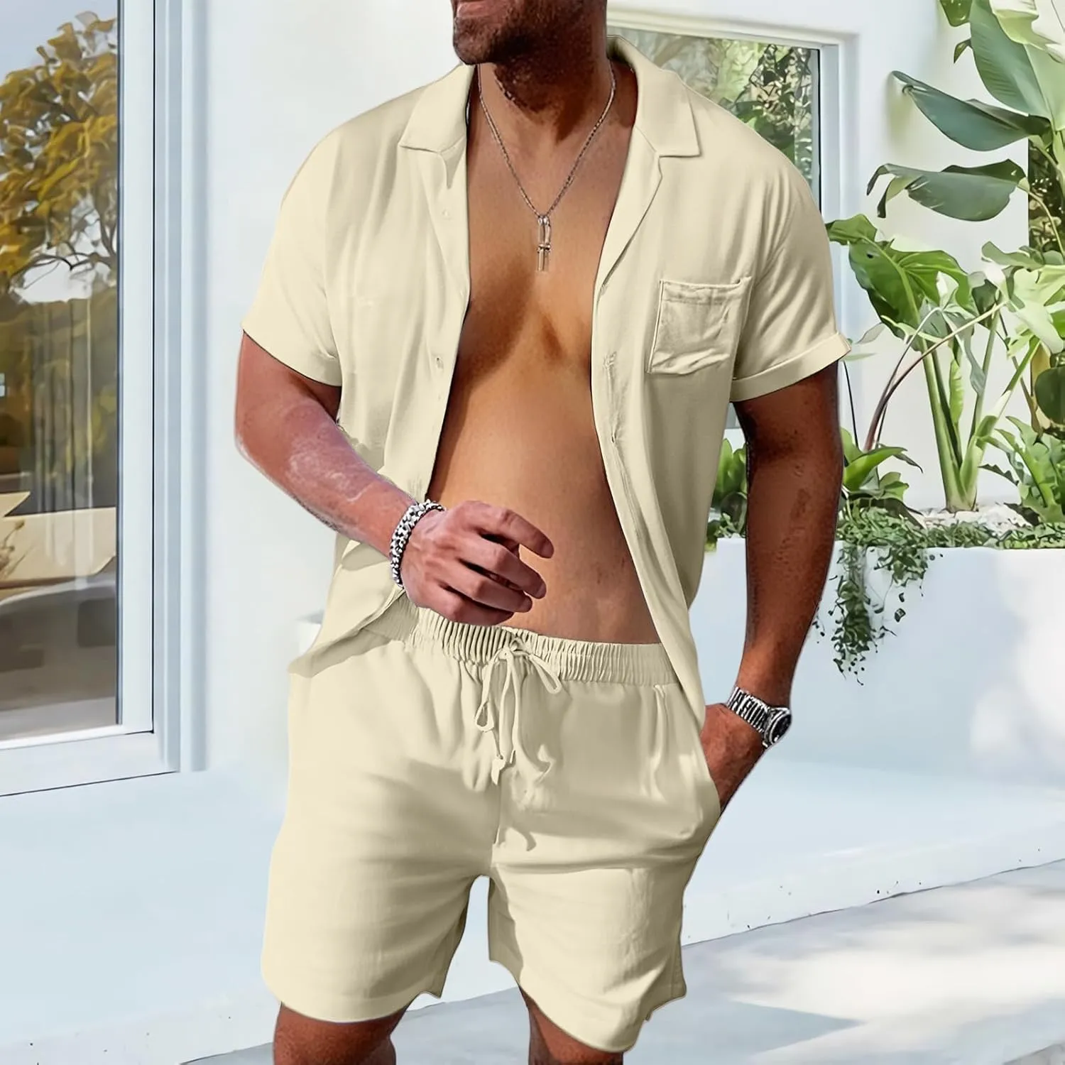Mens Linen Sets 2 Piece Outfits Short Sleeve Cardigan Elastic Drawstring Shorts Lightweight Casual Baggy Beach Suits