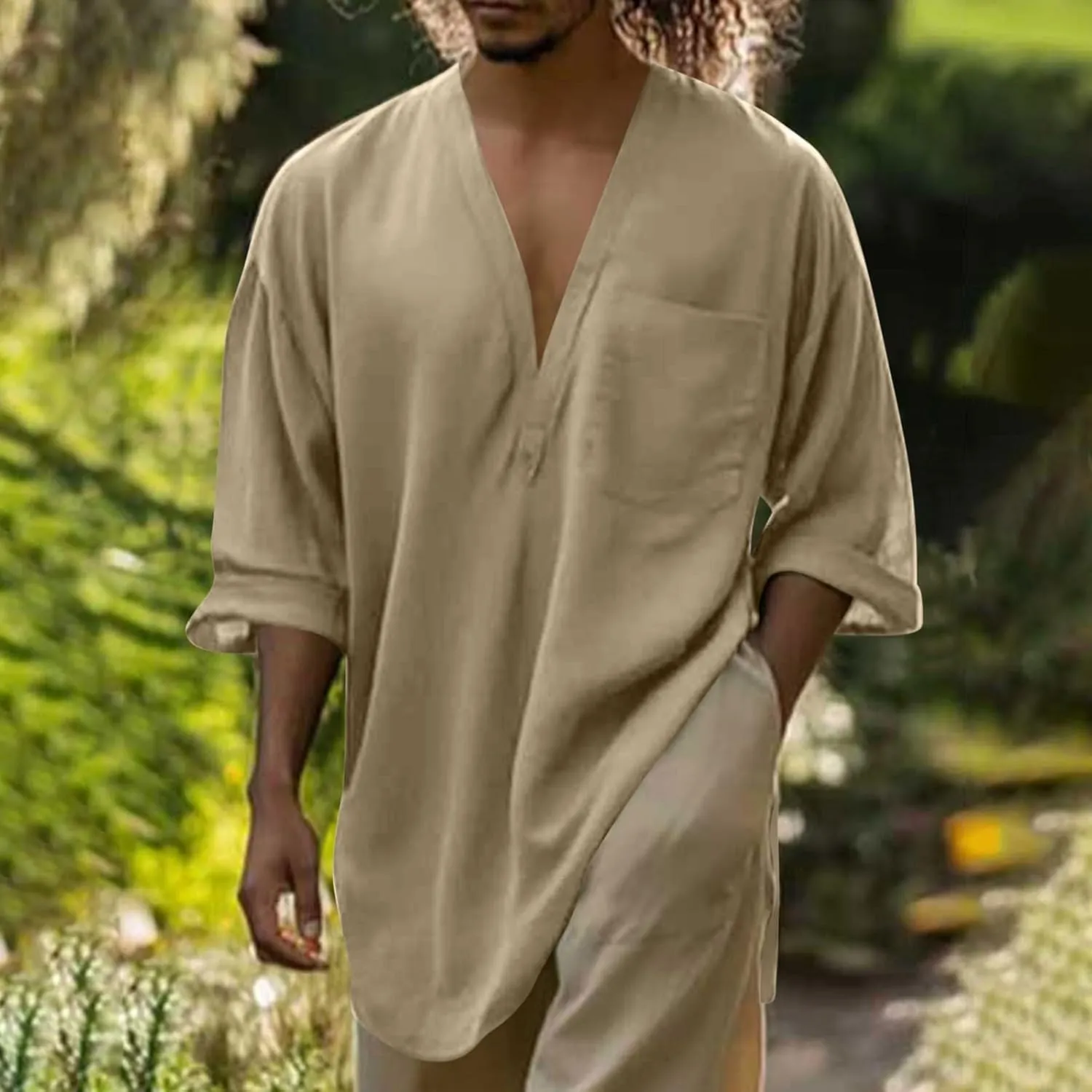 Mens Linen Shirt, Summer Lightweight Short Sleeve V-Neck Beach Yoga Top Casual Baggy Hippie Henley T Shirts Blouse