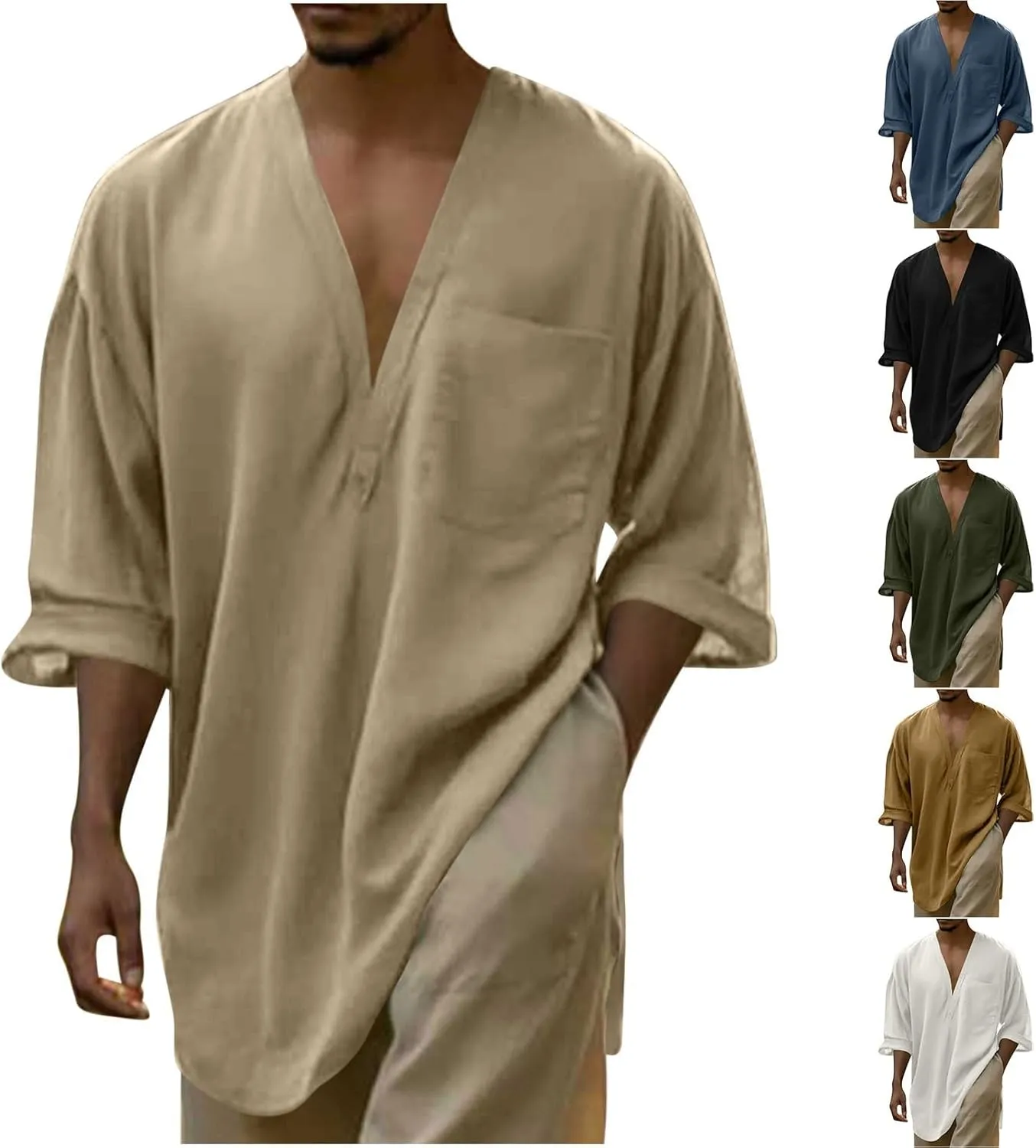 Mens Linen Shirt, Summer Lightweight Short Sleeve V-Neck Beach Yoga Top Casual Baggy Hippie Henley T Shirts Blouse