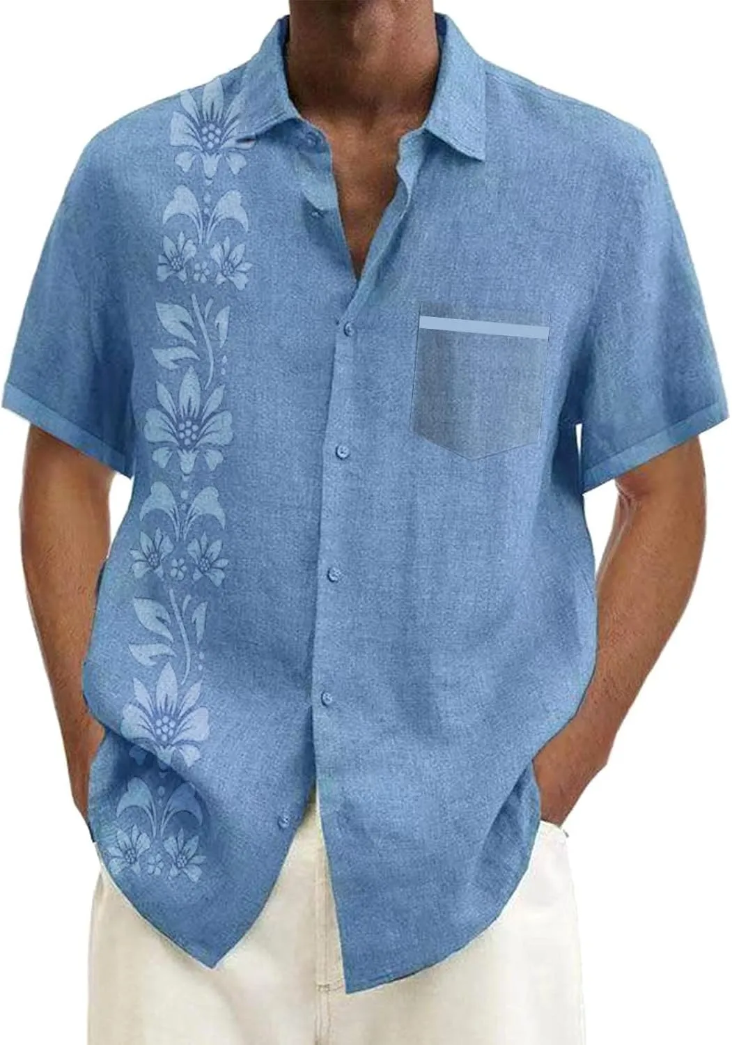 Men's Linen Shirts Short Sleeve Casual Shirt Business Dress Clothing Beach Fashion Summer Tops Crew Neck T-Shirt