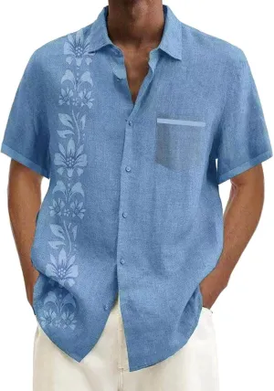 Men's Linen Shirts Short Sleeve Casual Shirt Business Dress Clothing Beach Fashion Summer Tops Crew Neck T-Shirt