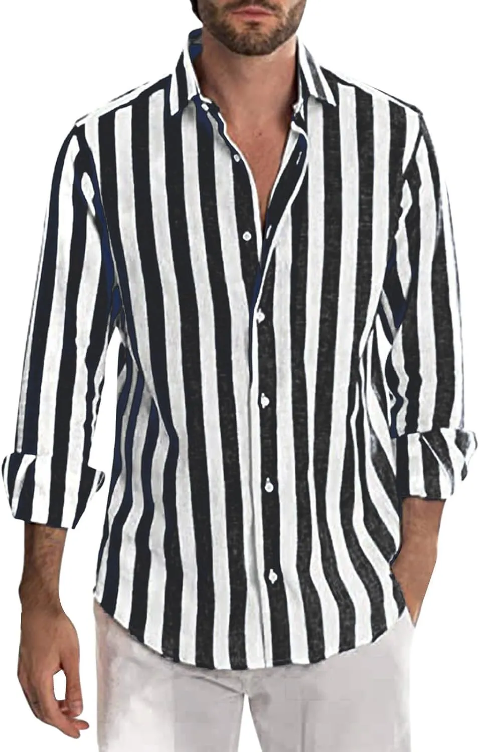 Men's Long Sleeve Casual Button Down Linen Shirts Striped Henley Shirt Untucked Shirts for Men Trendy Dress Shirt