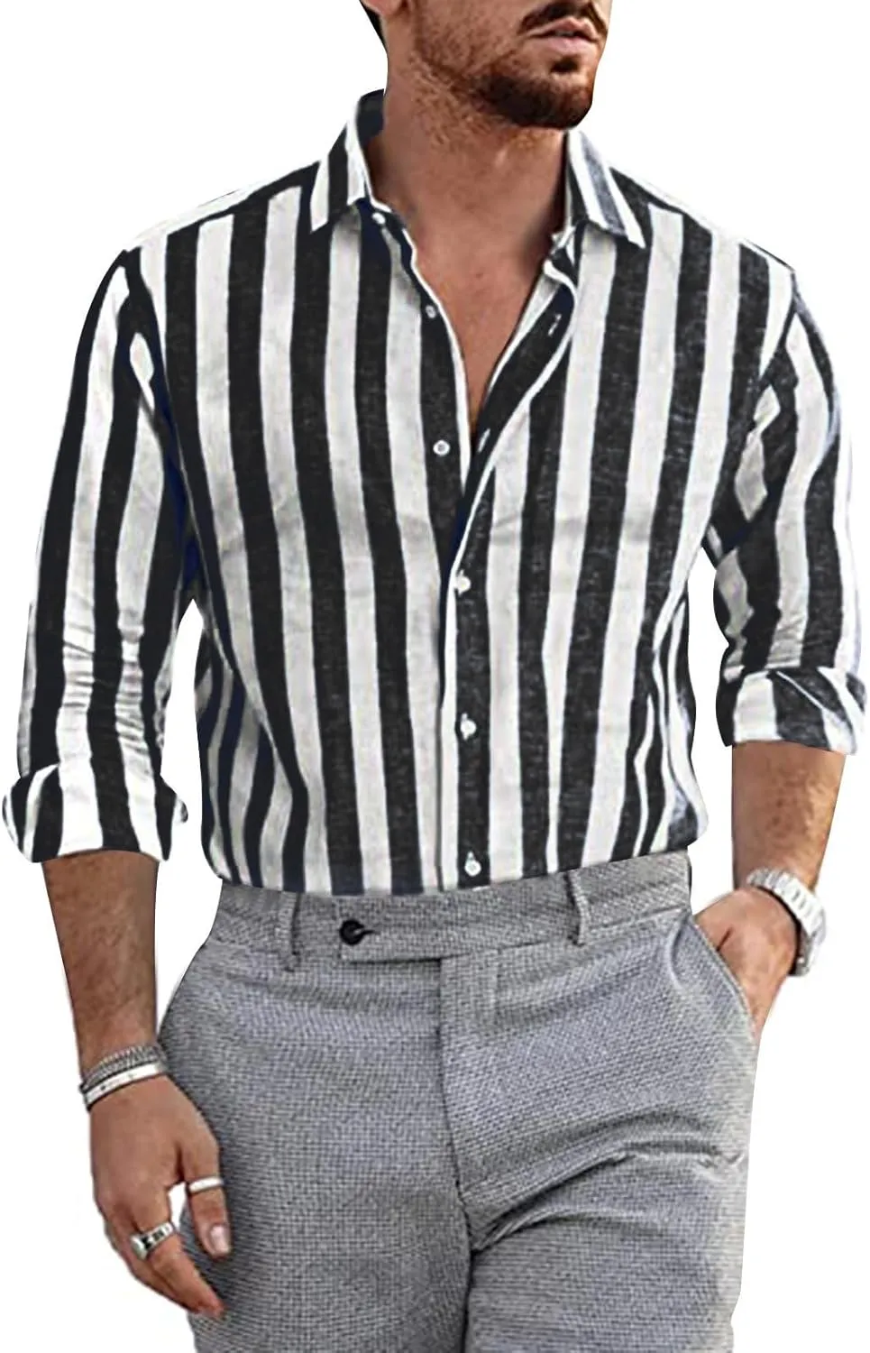 Men's Long Sleeve Casual Button Down Linen Shirts Striped Henley Shirt Untucked Shirts for Men Trendy Dress Shirt