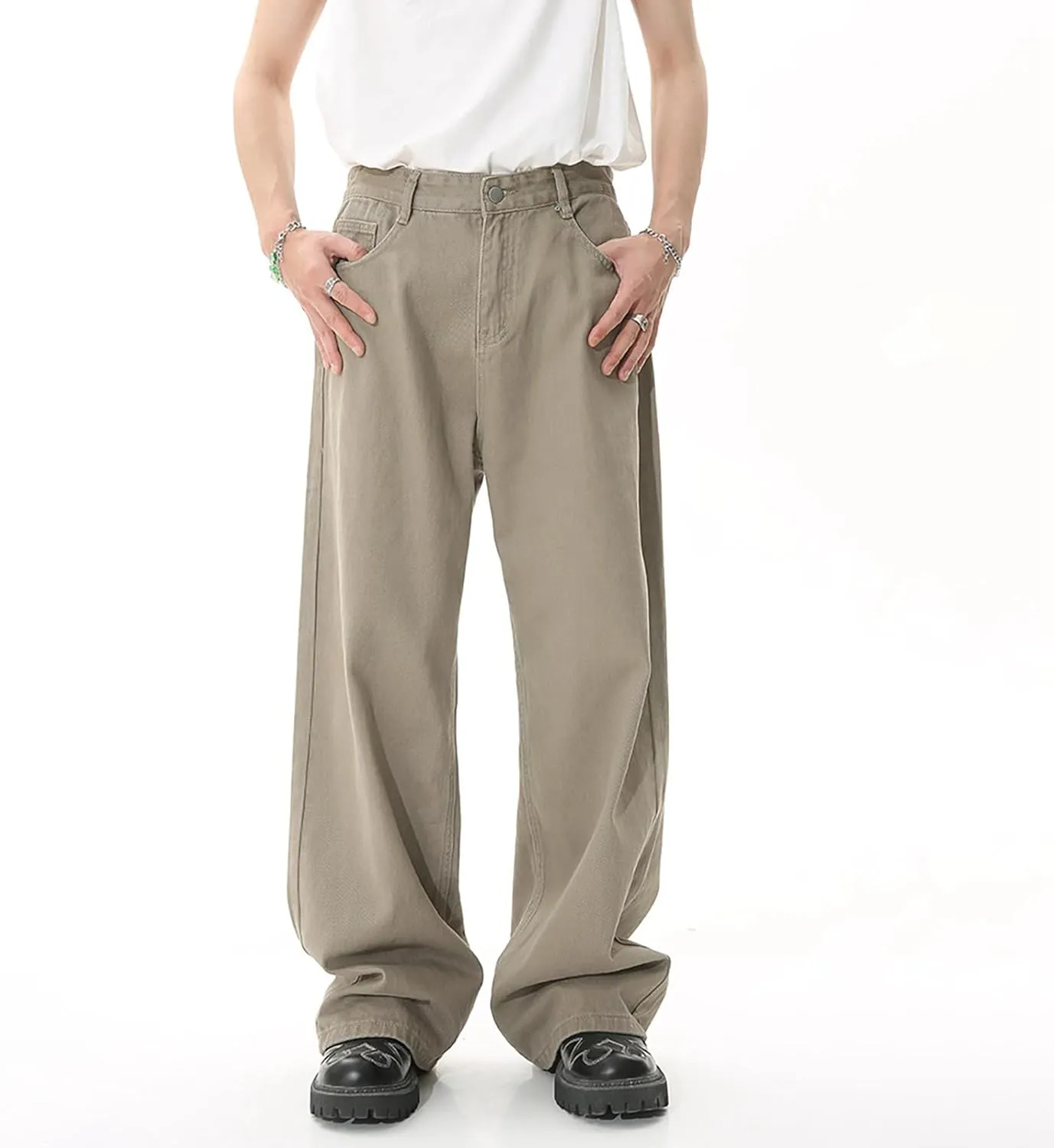 Mens Loose Jeans Elastic Waist Wide Leg Baggy Jean Cargo Pants Trousers Relaxed Straight Fit Lightweight Jeans Pants Trousers