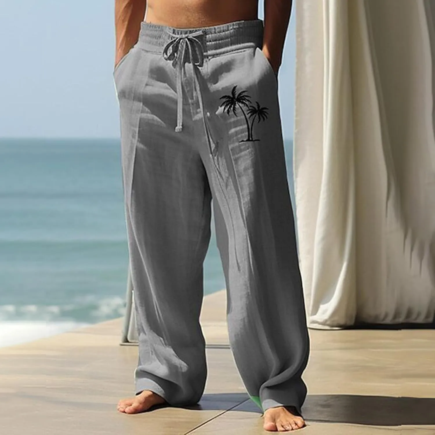 Mens Pants Casual Relaxed Fit Elastic Waist Big and Tall Yoga Pants with Pockets Summer Wide Leg Beach Trousers