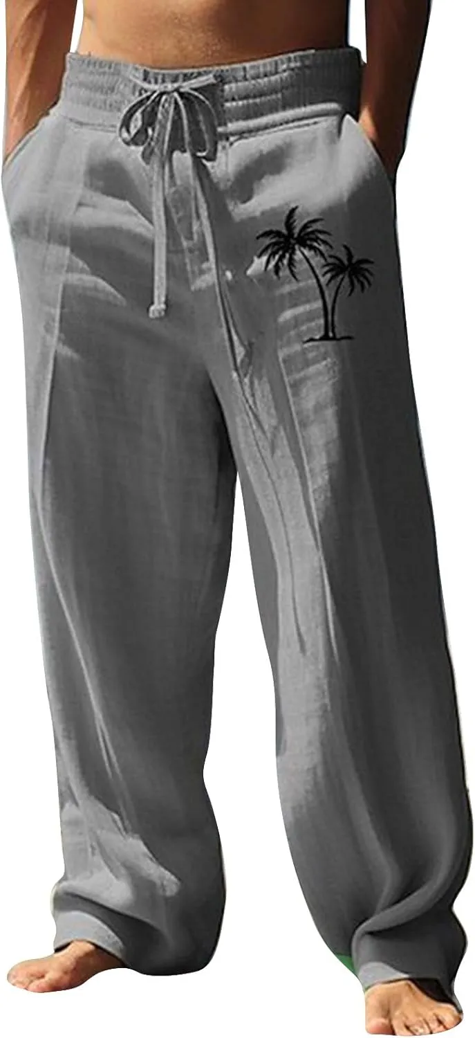 Mens Pants Casual Relaxed Fit Elastic Waist Big and Tall Yoga Pants with Pockets Summer Wide Leg Beach Trousers