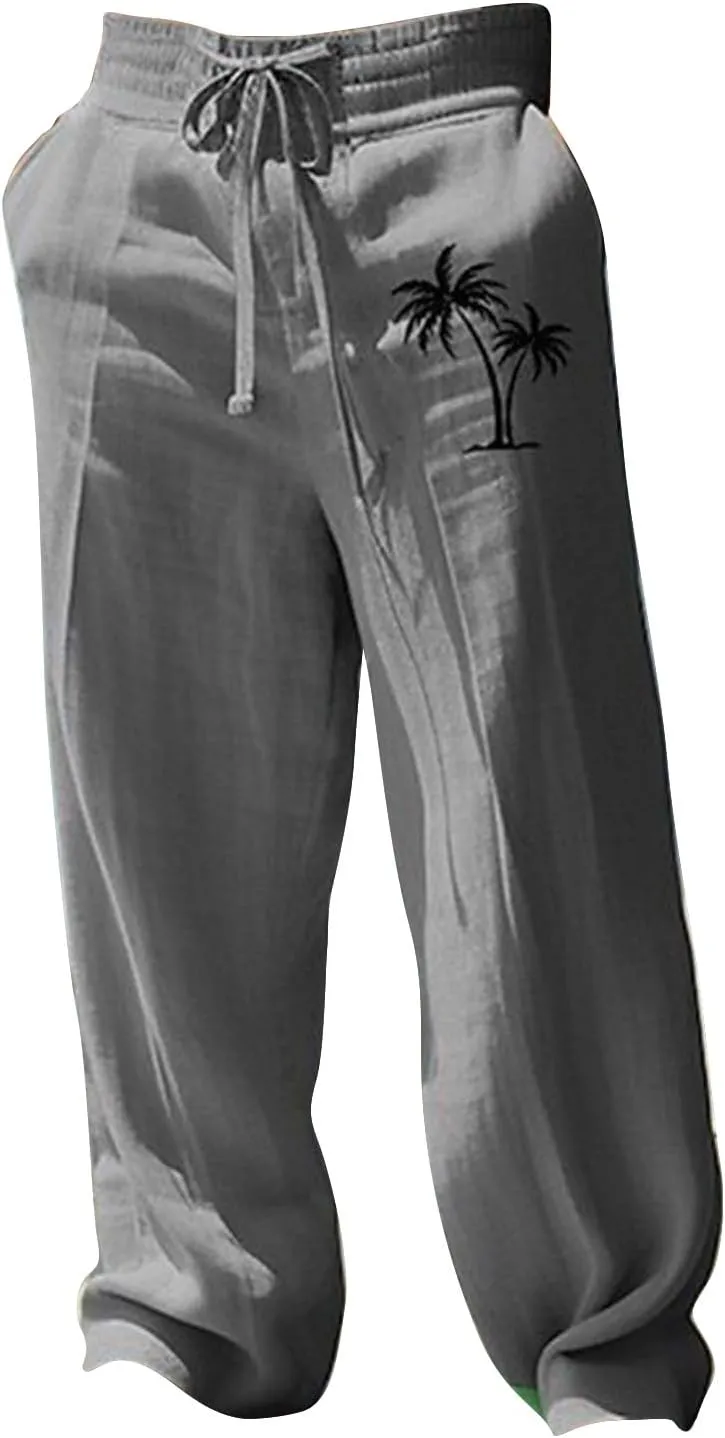 Mens Pants Casual Relaxed Fit Elastic Waist Big and Tall Yoga Pants with Pockets Summer Wide Leg Beach Trousers