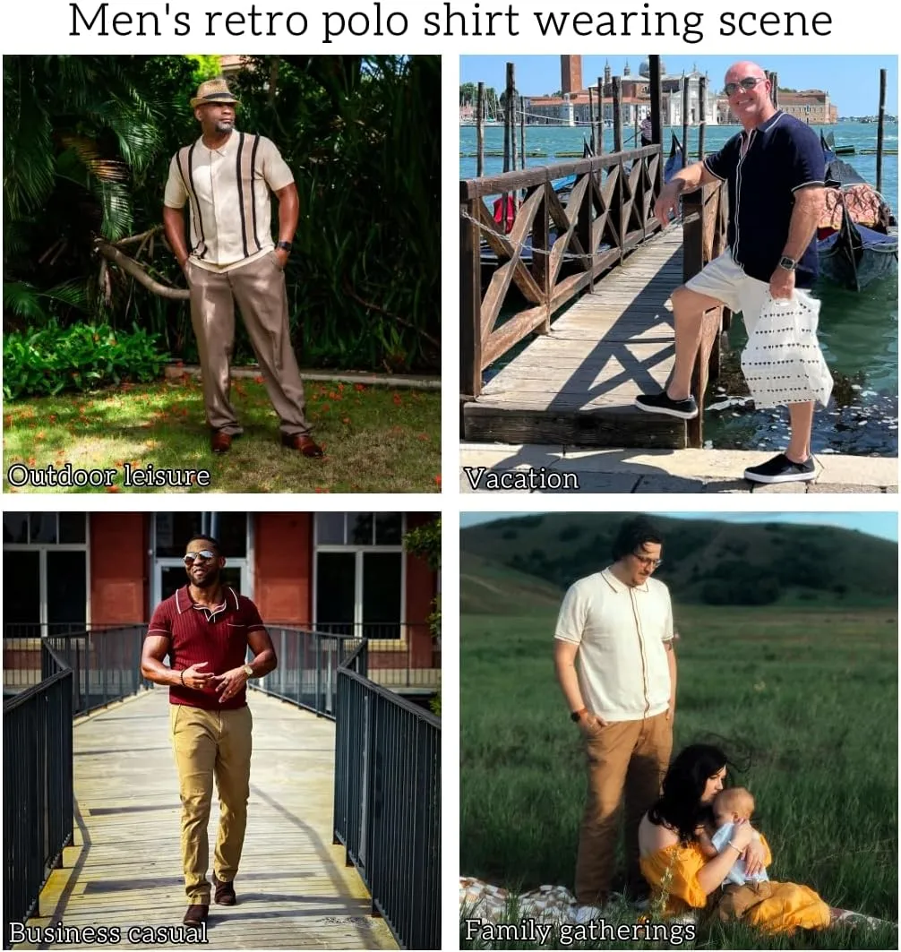 Men's Polo Shirts Vintage Striped Short Sleeve Knit Shirt,Casual Button Down Cardigan Sweater Summer Hawaiian Beach Shirt
