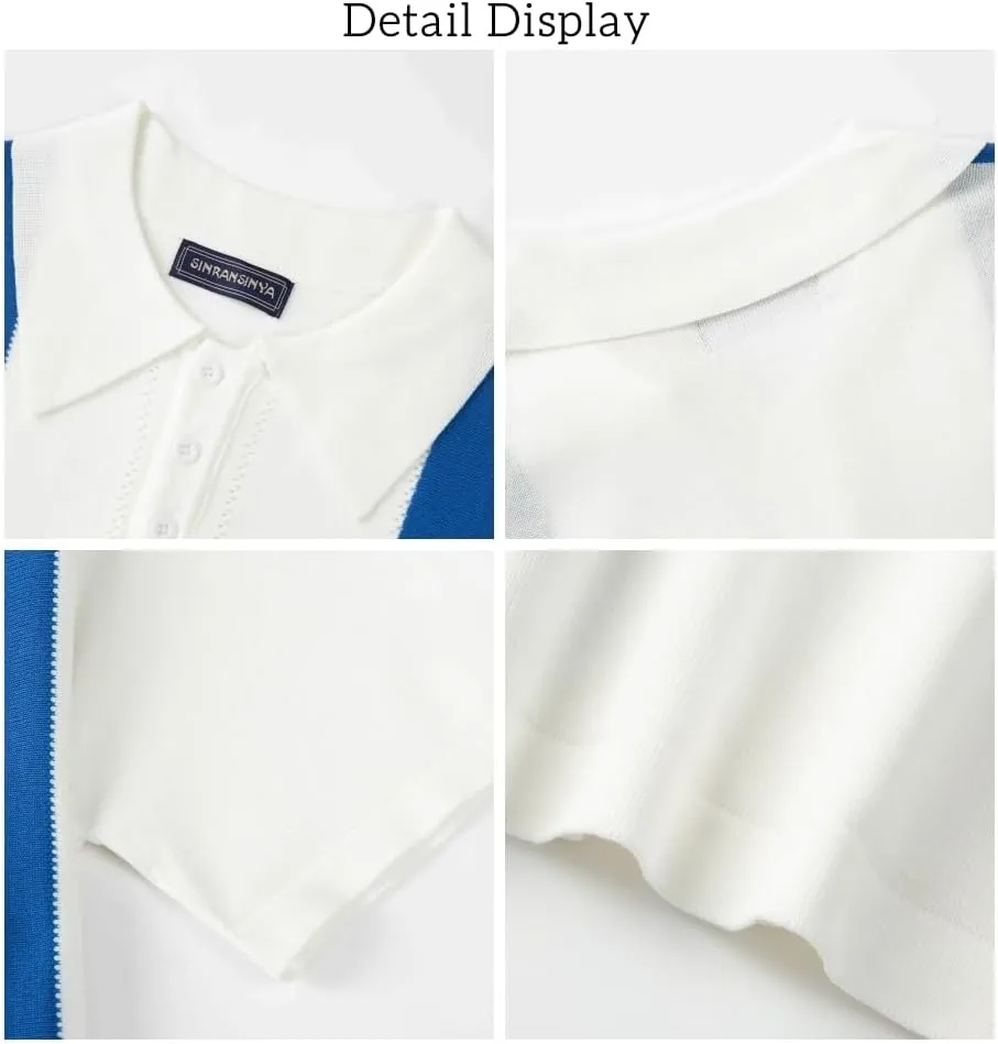 Men's Polo Shirts Vintage Striped Short Sleeve Knit Shirt,Casual Button Down Cardigan Sweater Summer Hawaiian Beach Shirt