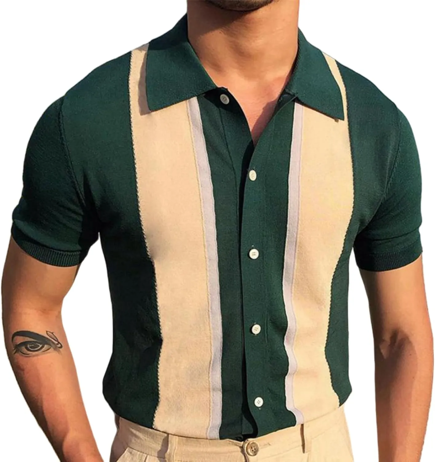 Men's Polo Shirts Vintage Striped Short Sleeve Knit Shirt,Casual Button Down Cardigan Sweater Summer Hawaiian Beach Shirt