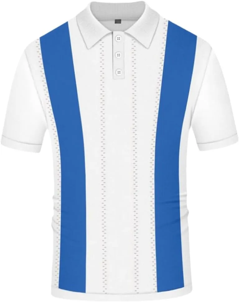 Men's Polo Shirts Vintage Striped Short Sleeve Knit Shirt,Casual Button Down Cardigan Sweater Summer Hawaiian Beach Shirt