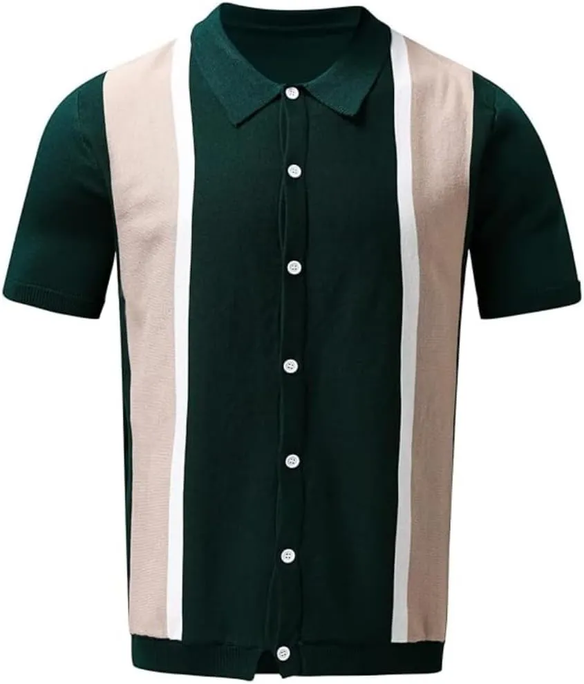 Men's Polo Shirts Vintage Striped Short Sleeve Knit Shirt,Casual Button Down Cardigan Sweater Summer Hawaiian Beach Shirt