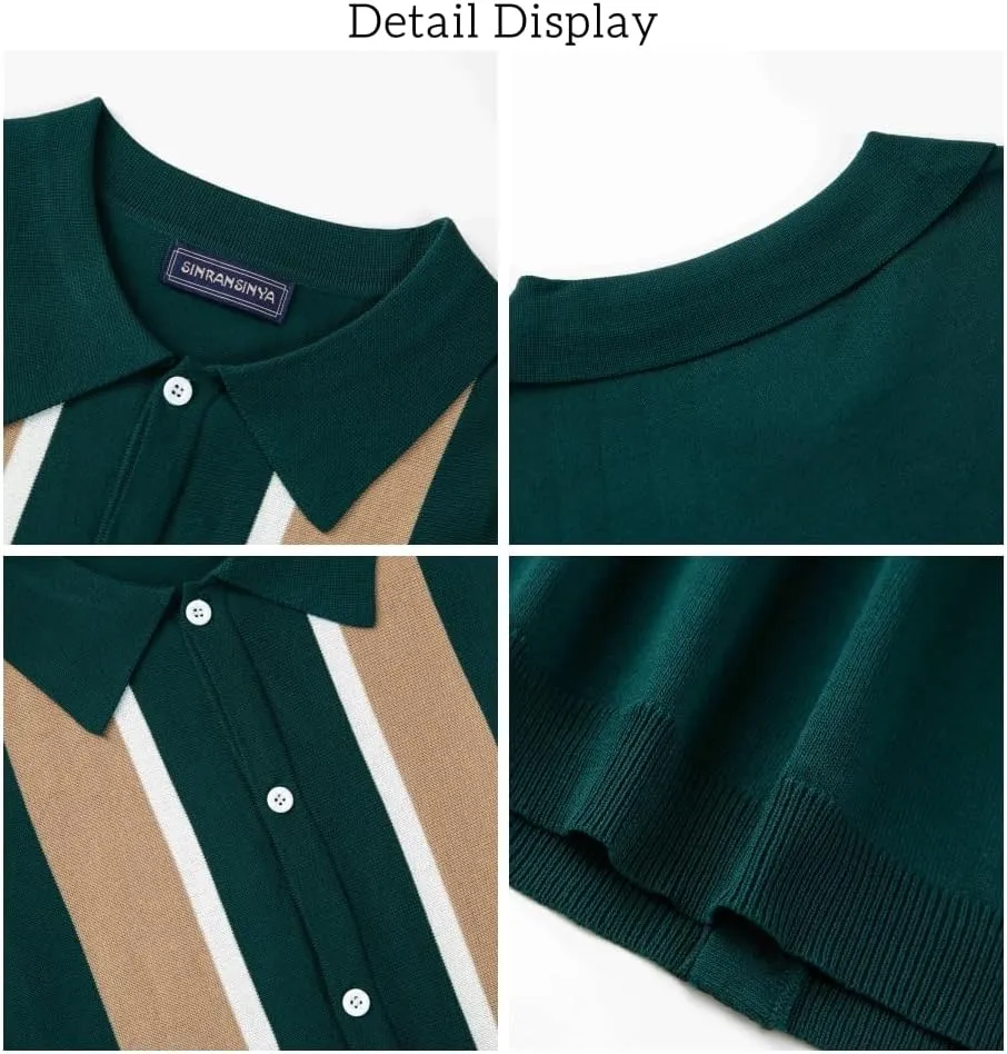 Men's Polo Shirts Vintage Striped Short Sleeve Knit Shirt,Casual Button Down Cardigan Sweater Summer Hawaiian Beach Shirt
