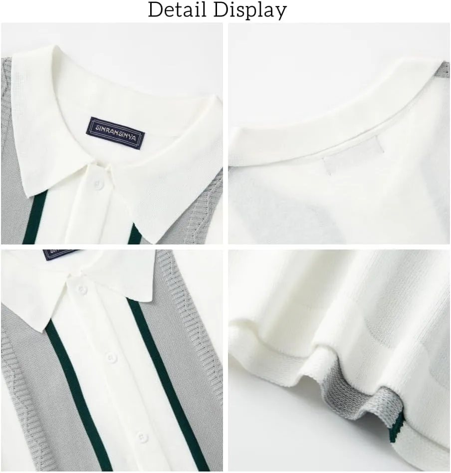Men's Polo Shirts Vintage Striped Short Sleeve Knit Shirt,Casual Button Down Cardigan Sweater Summer Hawaiian Beach Shirt