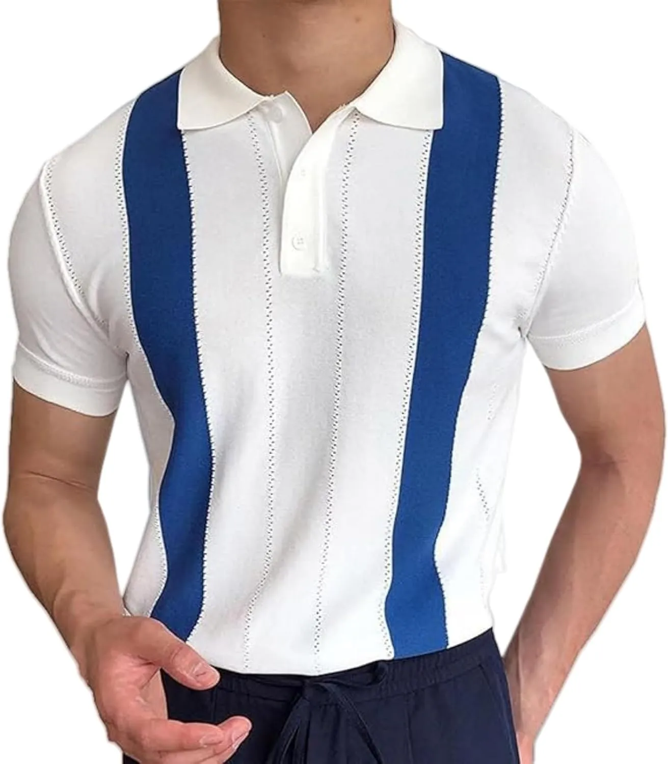 Men's Polo Shirts Vintage Striped Short Sleeve Knit Shirt,Casual Button Down Cardigan Sweater Summer Hawaiian Beach Shirt