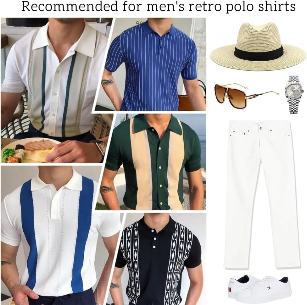 Men's Polo Shirts Vintage Striped Short Sleeve Knit Shirt,Casual Button Down Cardigan Sweater Summer Hawaiian Beach Shirt