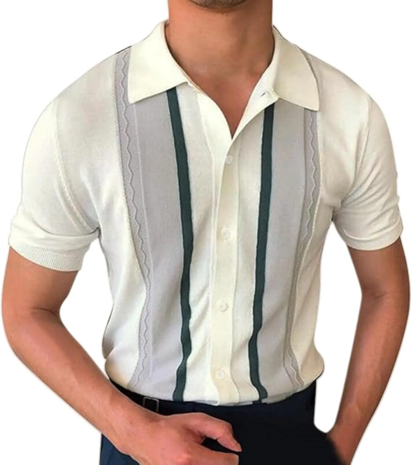 Men's Polo Shirts Vintage Striped Short Sleeve Knit Shirt,Casual Button Down Cardigan Sweater Summer Hawaiian Beach Shirt
