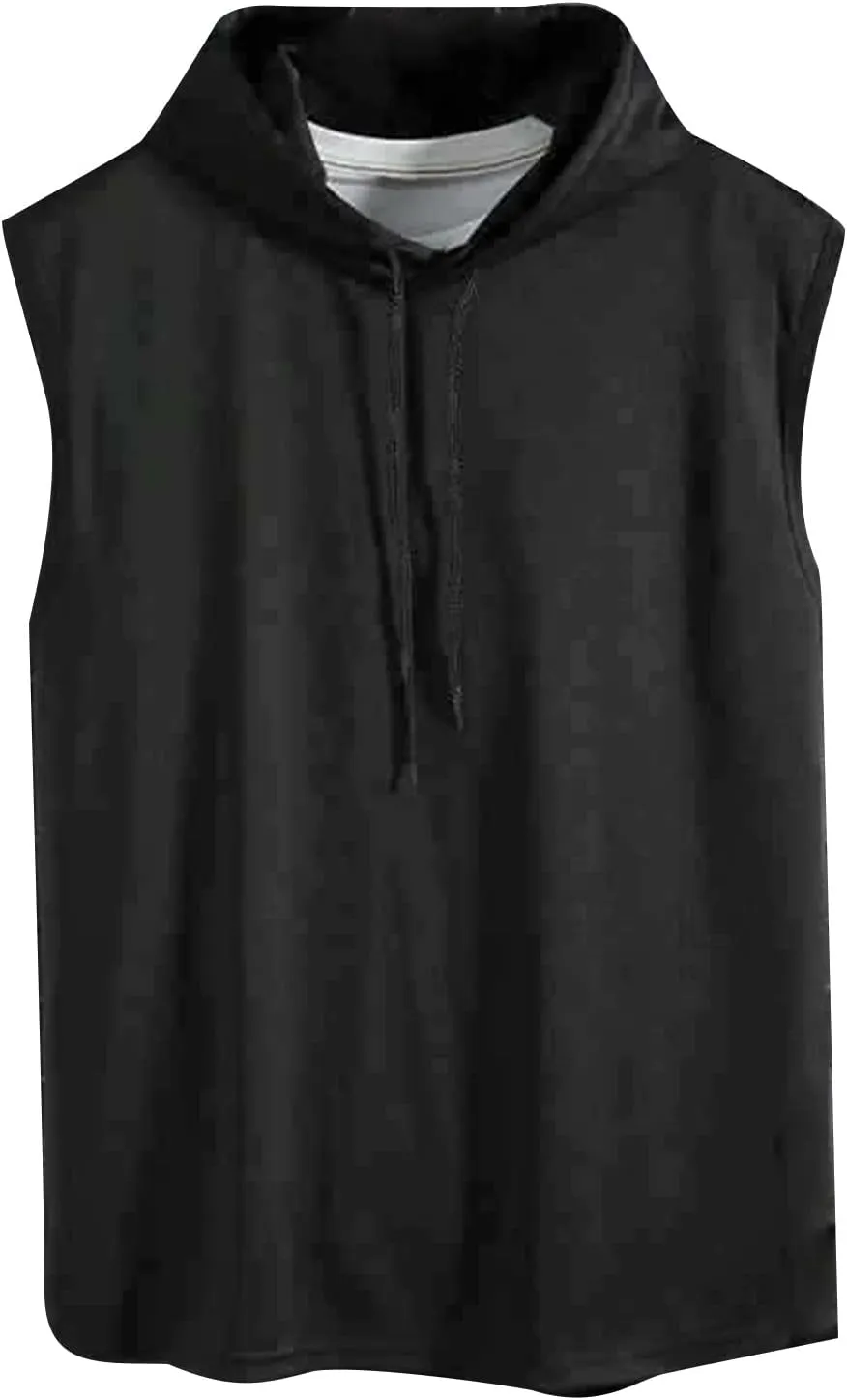 Men's Sleeveless Workout Hoodie Tank Tops Zip Up Summer Casual Oversized Shirts Loose Fit Solid Color Hooded Tees