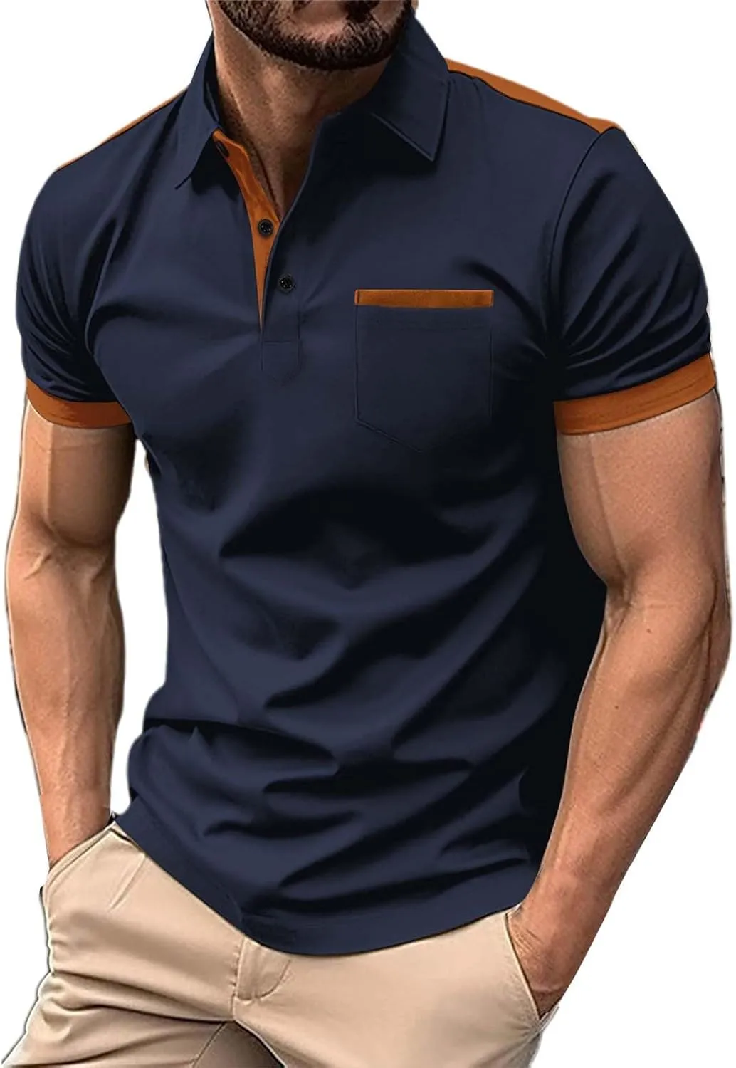 Men's Slim Fit Polo Shirt Lapel Collar Button Down Patchwork Color Matching Work T Shirt Lightweight Tops with Pocket