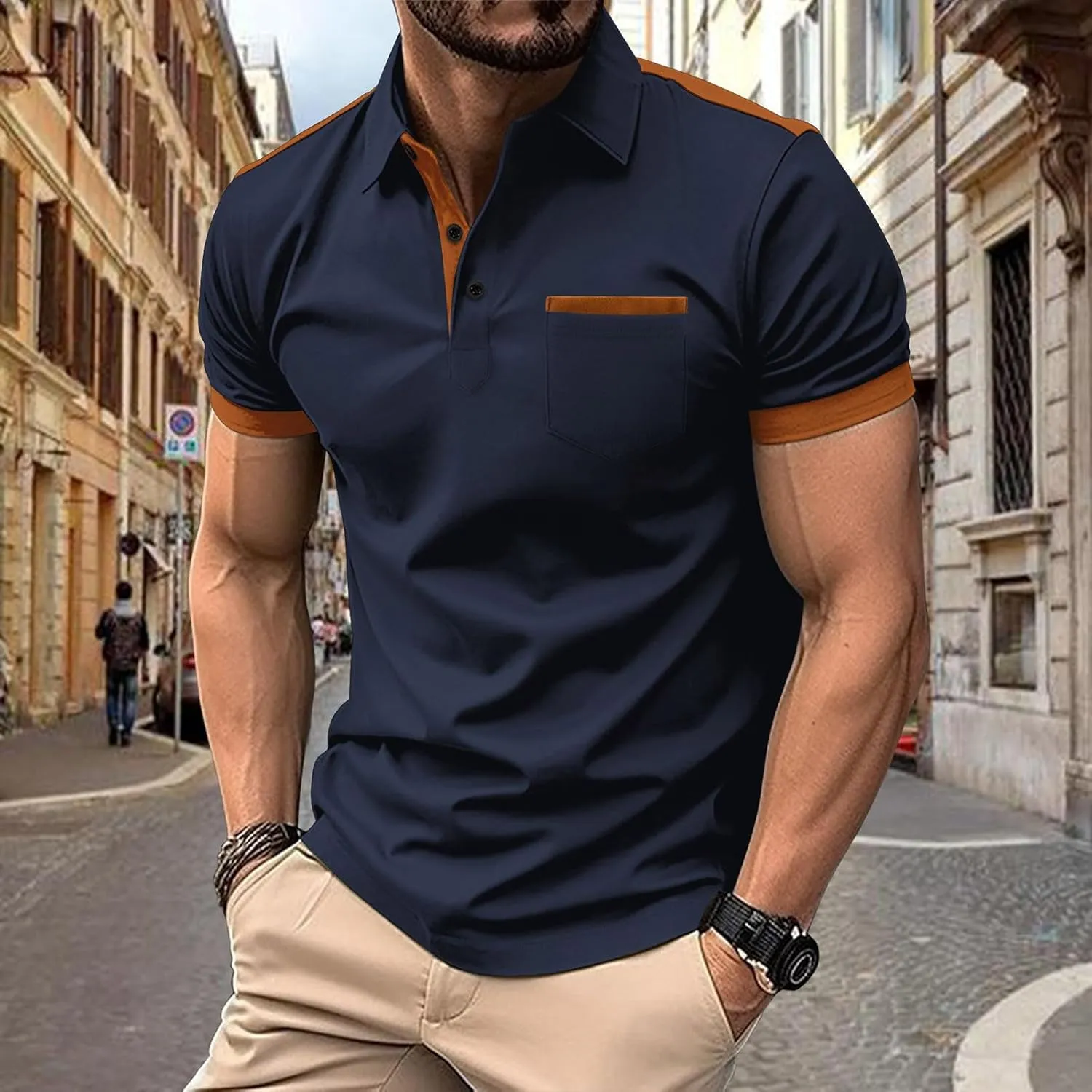 Men's Slim Fit Polo Shirt Lapel Collar Button Down Patchwork Color Matching Work T Shirt Lightweight Tops with Pocket