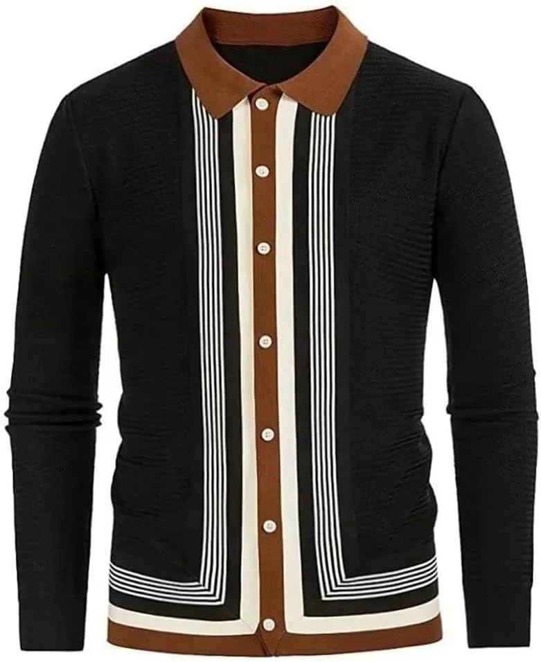 Men's Summer Striped Knit Ribbed Polo Shirt Long Sleeve Button Down Button Cardigan Business Polo Shirt